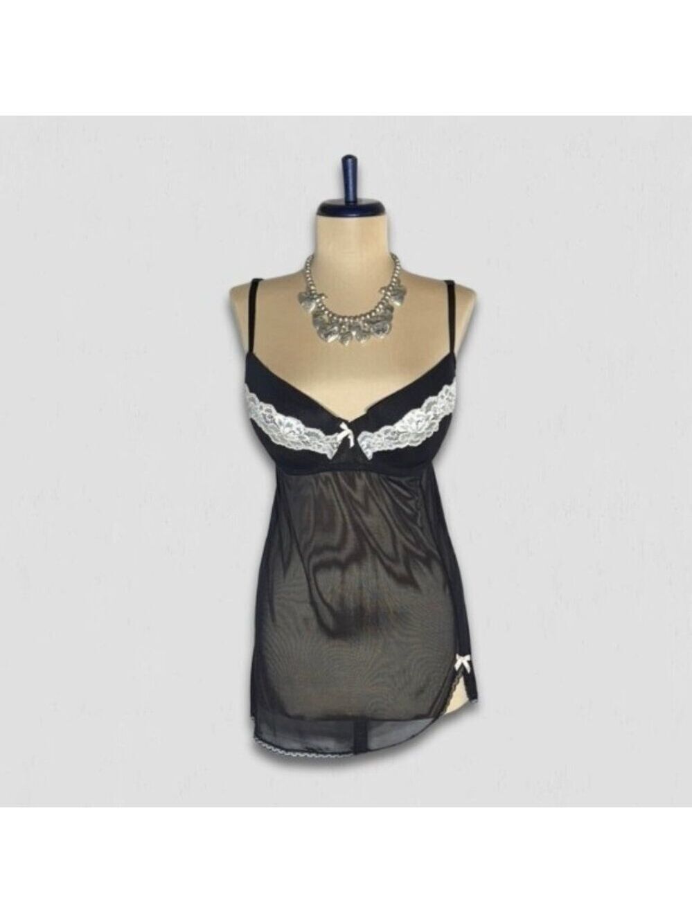 Gilligan O Malley Sheer Babydoll Nightgown Black White Lace Large